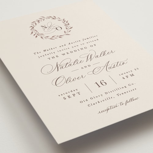 This is a ecru wedding invitations with standard by Hooray Creative called delicate monogram printing on signature in standard