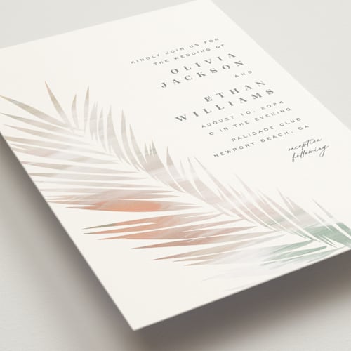 This is a coconut wedding invitations with standard by Owl and Toad called painted leaves printing on signature in standard
