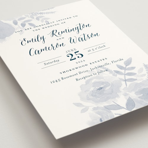 This is a indigo wedding invitations with standard by Jill Means called watercolor floral printing on signature in standard