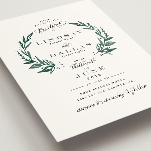 This is a forest green wedding invitations with standard by Alethea and Ruth called elegant crest printing on signature in standard