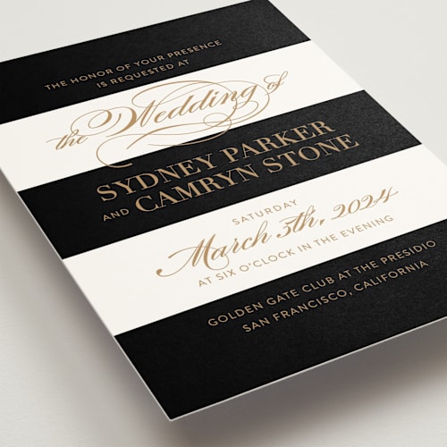 This is a black tie wedding invitations with standard by Jill Means called fashion district printing on signature in standard