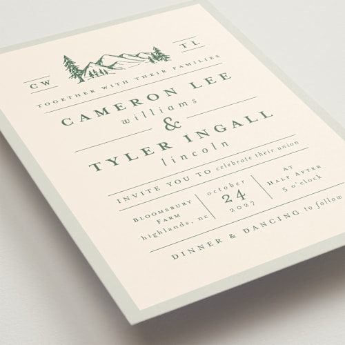 This is a pine wedding invitations with standard by Amy Kross called blue ridge printing on signature in standard