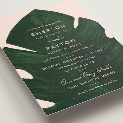 This is a blush palm wedding invitations with standard by Kaydi Bishop called palm printing on signature in standard