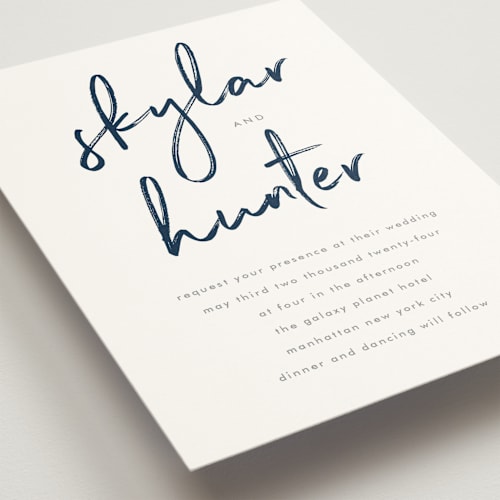 This is a navy wedding invitations with standard by Phrosné Barwood called funky names printing on signature in standard