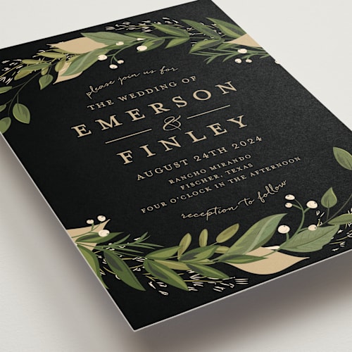 This is a midnight wedding invitations with standard by Susan Moyal called vines of green printing on signature in standard