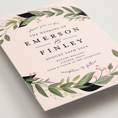 This is a blush wedding invitations with standard by Susan Moyal called vines of green printing on signature in standard