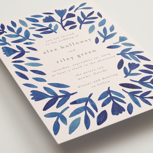 This is a navy wedding invitations with standard by Katharine Watson called wildflower floral printing on signature in standard