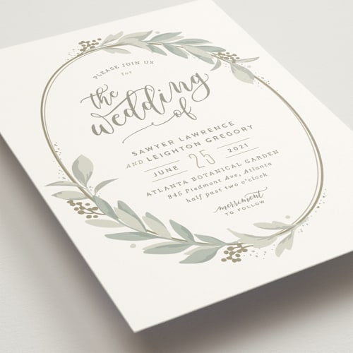 This is a sage wedding invitations with standard by Hooray Creative called modern wreath printing on signature in standard