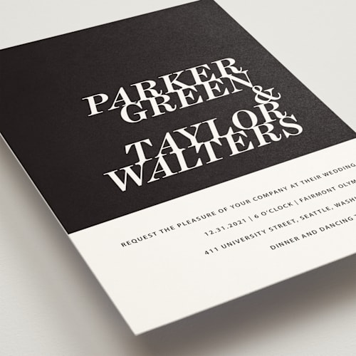 This is a noir wedding invitations with standard by Drango Design called slanted printing on signature in standard