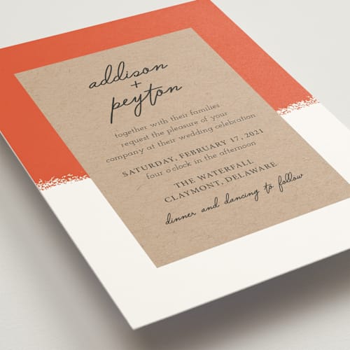 This is a tangerine wedding invitations with standard by Faith Harlow called joyfully ever after printing on signature in standard