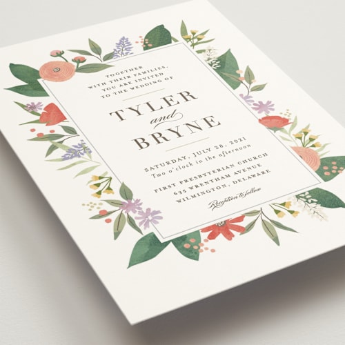 This is a persimmon wedding invitations with standard by Jennifer Wick called floral specimen printing on signature in standard