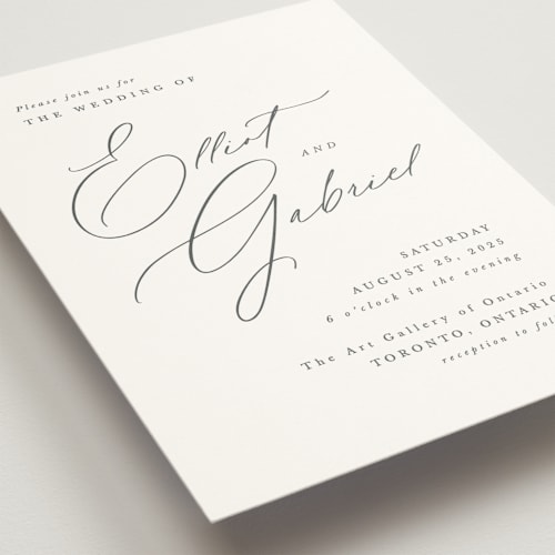 This is a pearl wedding invitations with standard by Hooray Creative called scripted names printing on signature in standard