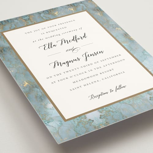 This is a aqua wedding invitations with standard by Benita Crandall called something blue printing on signature in standard