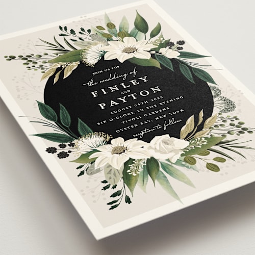 This is a ivory wedding invitations with standard by Susan Moyal called botanical ring printing on signature in standard