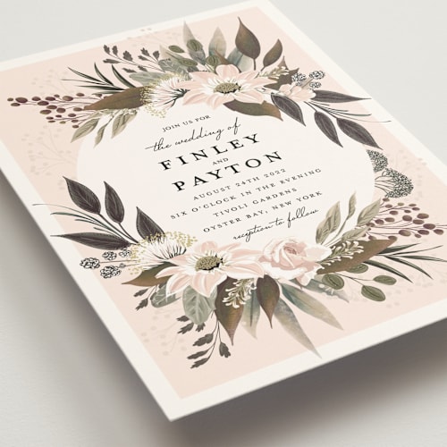This is a blush wedding invitations with standard by Susan Moyal called botanical ring printing on signature in standard
