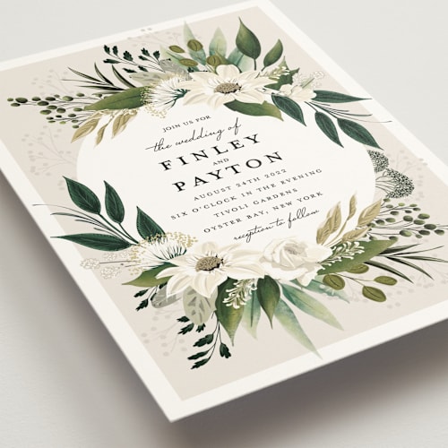 This is a powder wedding invitations with standard by Susan Moyal called botanical ring printing on signature in standard
