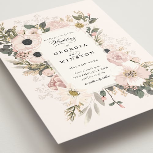 This is a blush wedding invitations with standard by Susan Moyal called spring botanicals printing on signature in standard