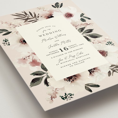 This is a blush wedding invitations with standard by Chris Griffith called nantucket romance printing on signature in standard