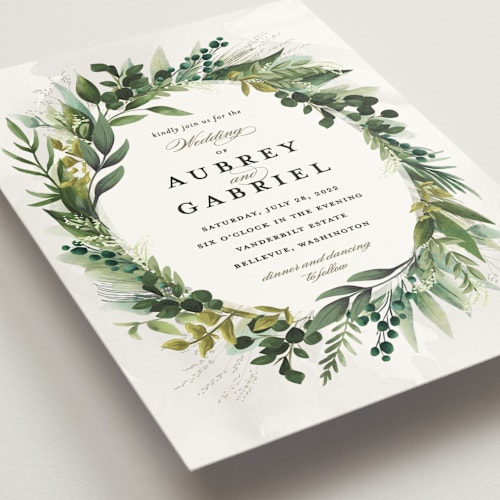 This is a emerald wedding invitations with standard by Susan Moyal called mixed greenery printing on signature in standard