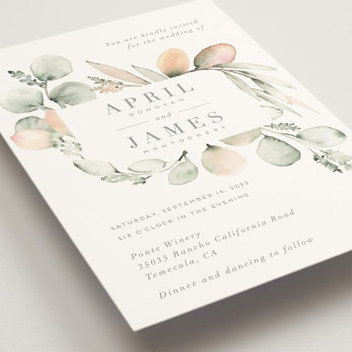 This is a sage wedding invitations with standard by Petra Kern called romantic eucalyptus printing on signature in standard