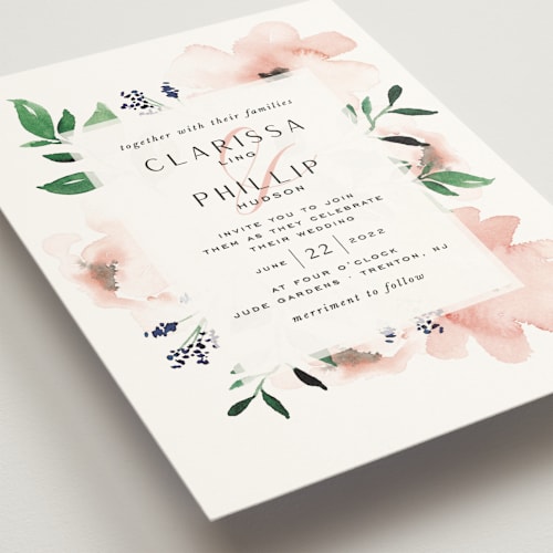 This is a coral wash wedding invitations with standard by Leah Bisch called soft florals printing on signature in standard