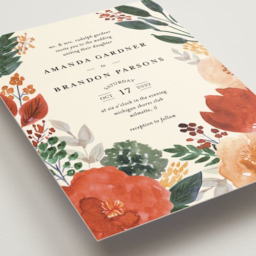 This is a bloom wedding invitations with standard by Beth Schneider called flourishing printing on signature in standard