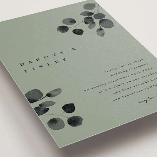 This is a sage wedding invitations with standard by Shannon Chen of Four Wet Feet Studio called silver dollar eucalyptus printing on signature in standard