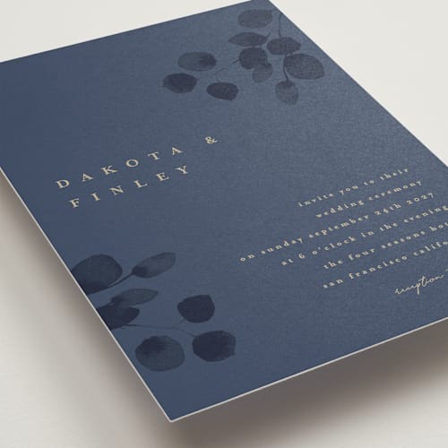 This is a navy wedding invitations with standard by Shannon Chen of Four Wet Feet Studio called silver dollar eucalyptus printing on signature in standard