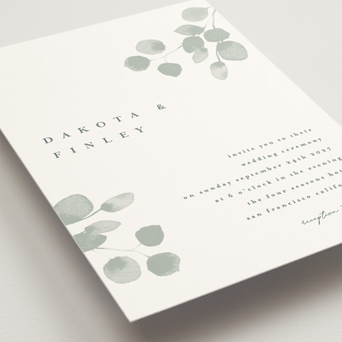 This is a silver dollar wedding invitations with standard by Shannon Chen of Four Wet Feet Studio called silver dollar eucalyptus printing on signature in standard