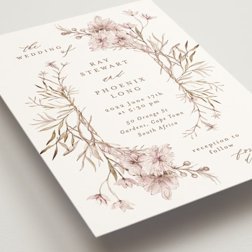 This is a sunset wedding invitations with standard by Phrosné Barwood called ring box printing on signature in standard