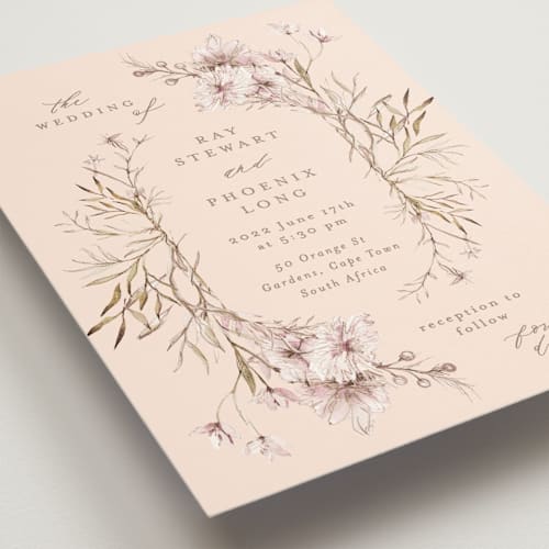 This is a blush wedding invitations with standard by Phrosné Barwood called ring box printing on signature in standard