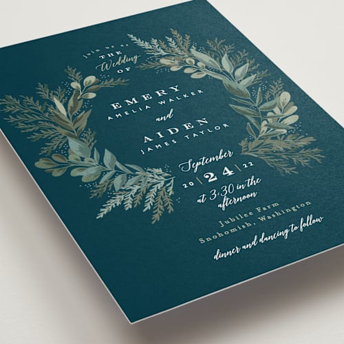 This is a deep sea wedding invitations with standard by Alethea and Ruth called forest crest printing on signature in standard