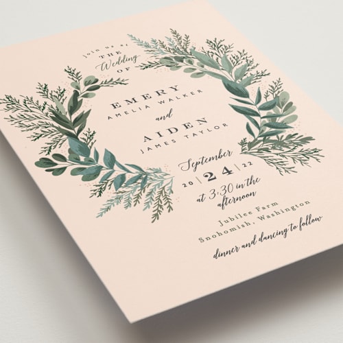 This is a blush wedding invitations with standard by Alethea and Ruth called forest crest printing on signature in standard