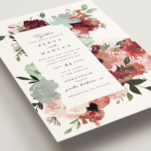 This is a rouge wedding invitations with standard by Leah Bisch called cascading florals printing on signature in standard