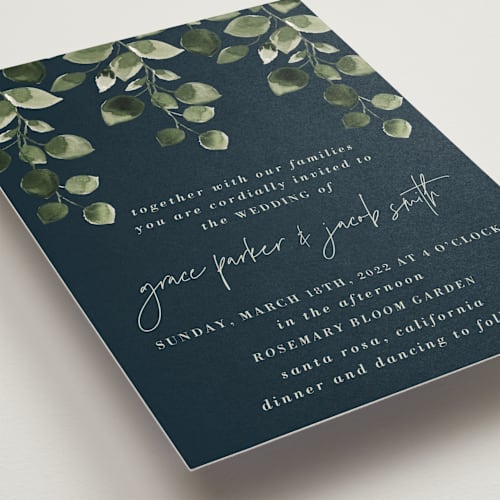 This is a navy wedding invitations with standard by Anupama called green rush printing on signature in standard