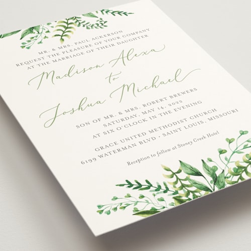 This is a spring wedding invitations with standard by Amanda Day called bright & green printing on signature in standard