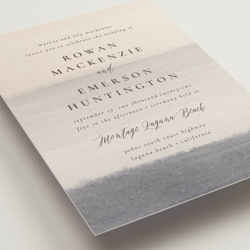 This is a ocean wedding invitations with standard by Wildfield Paper Co called sunrise waves printing on signature in standard
