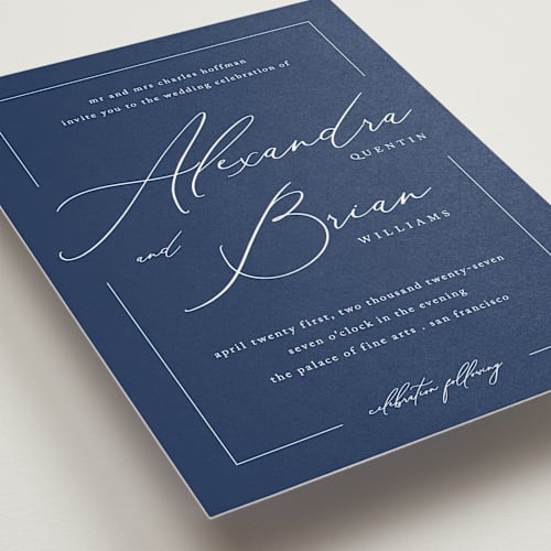 This is a midnight wedding invitations with standard by Liz Conley called love story printing on signature in standard