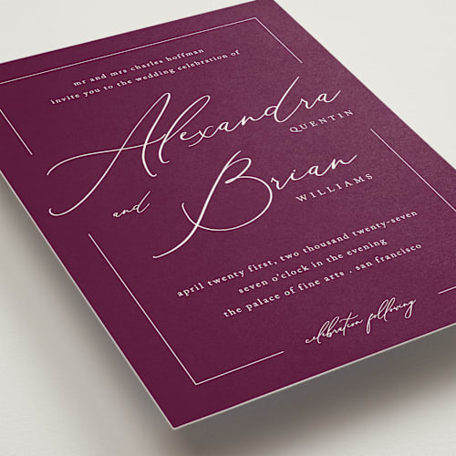This is a wine wedding invitations with standard by Liz Conley called love story printing on signature in standard