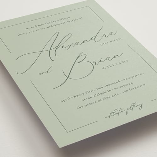 This is a sage wedding invitations with standard by Liz Conley called love story printing on signature in standard
