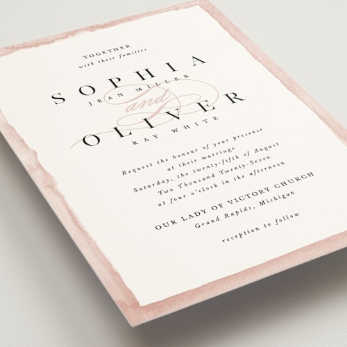 This is a blush wedding invitations with standard by Pixel and Hank called first love printing on signature in standard