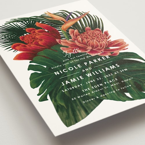 This is a basil wedding invitations with standard by Elly called tropical bouquet printing on signature in standard