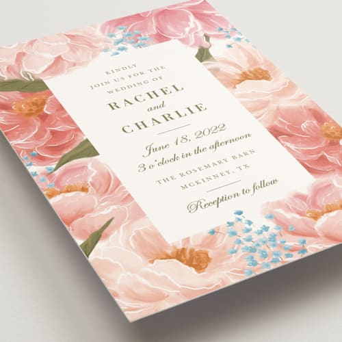 This is a peony wedding invitations with standard by Inna Moreva called peony gardens printing on signature in standard