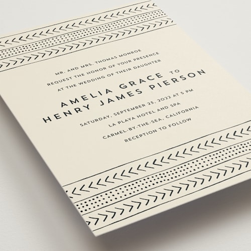 This is a cream wedding invitations with standard by Erin Deegan called mudcloth wedding printing on signature in standard