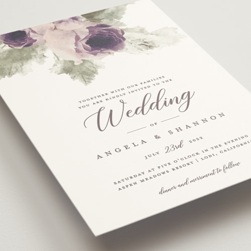 This is a lavender wedding invitations with standard by Cass Imagines called rose drop printing on signature in standard
