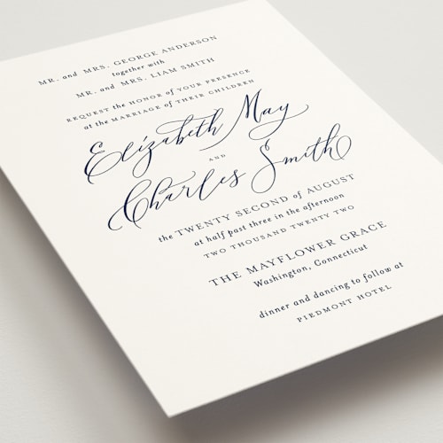 This is a navy wedding invitations with standard by Design Lotus called elysium printing on signature in standard