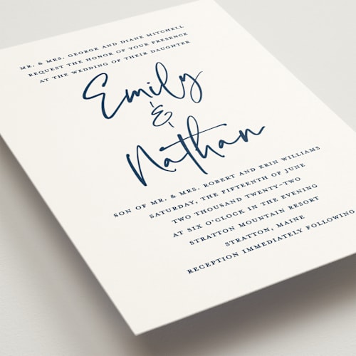 This is a navy wedding invitations with standard by Kerry Doyle called semi formal printing on signature in standard