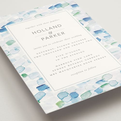 This is a ocean wedding invitations with standard by Hudson meet Rose called sea glass printing on signature in standard
