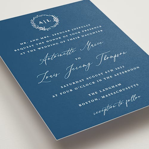 This is a royal blue wedding invitations with standard by lulu and isabelle called antoinette printing on signature in standard