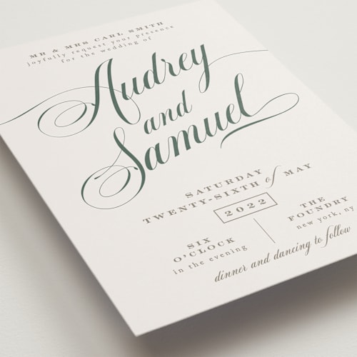 This is a evergreen wedding invitations with standard by Carrie ONeal called roman shade printing on signature in standard